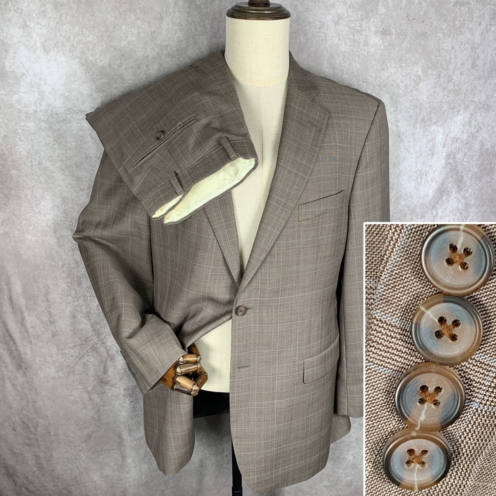 Brooks Brothers 2 Piece Suit Men 44L Brown Windowpane Madison 346 Wool 34x32